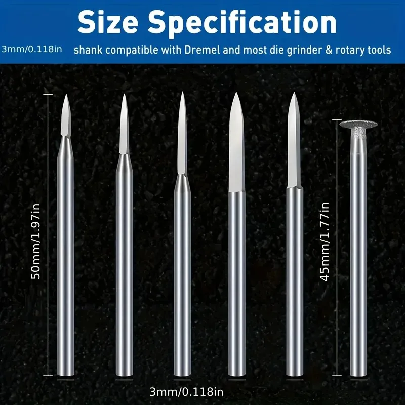 6-teiliges Holzschnitz-Bohrerset mit 3mm Schaft, Metallschleifwerkzeuge für Rotationswerkzeuge, Gravur & Holzbearbeitung – Detail 1