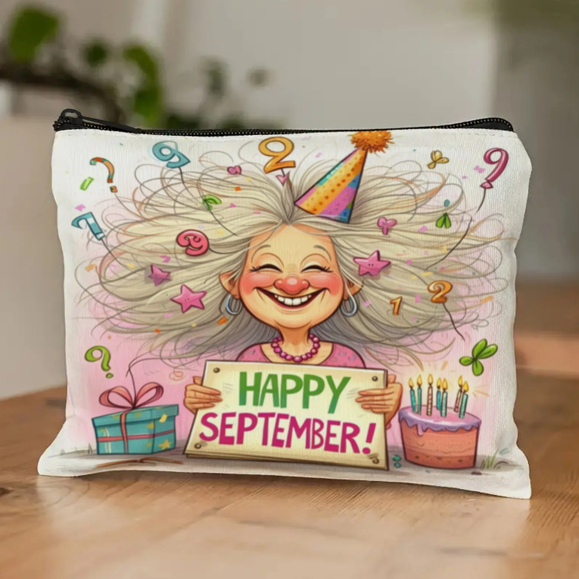 

HAPPY SEPTEMBER themed women's cosmetic bag retro fun travel portable zipper storage bag grandmother's holiday gift