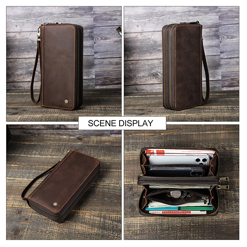 CONTACT'S Genuine Leather Clutch Bags for Men Vintage Business Senior Handbags Purses Card Holders Travel Office Gift Wallets