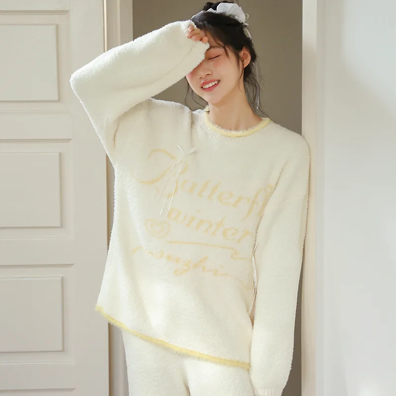 Women Winter Fluffy Pajama Set | Girly Sweet Bow, Pullover, Thick Warm Loungewear