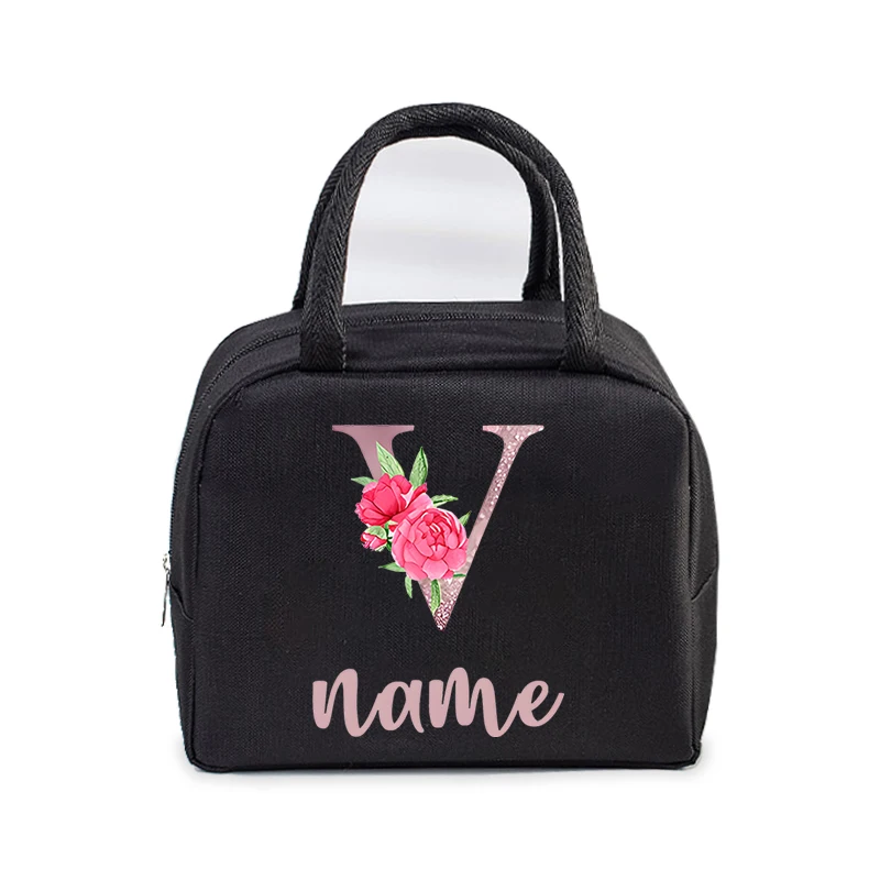 Custom Initial with Name Insulated Lunch Bag for Women Men Kids Cooler Pouch Thermal Pouch Portable DIY Flower Letter Lunch Bag