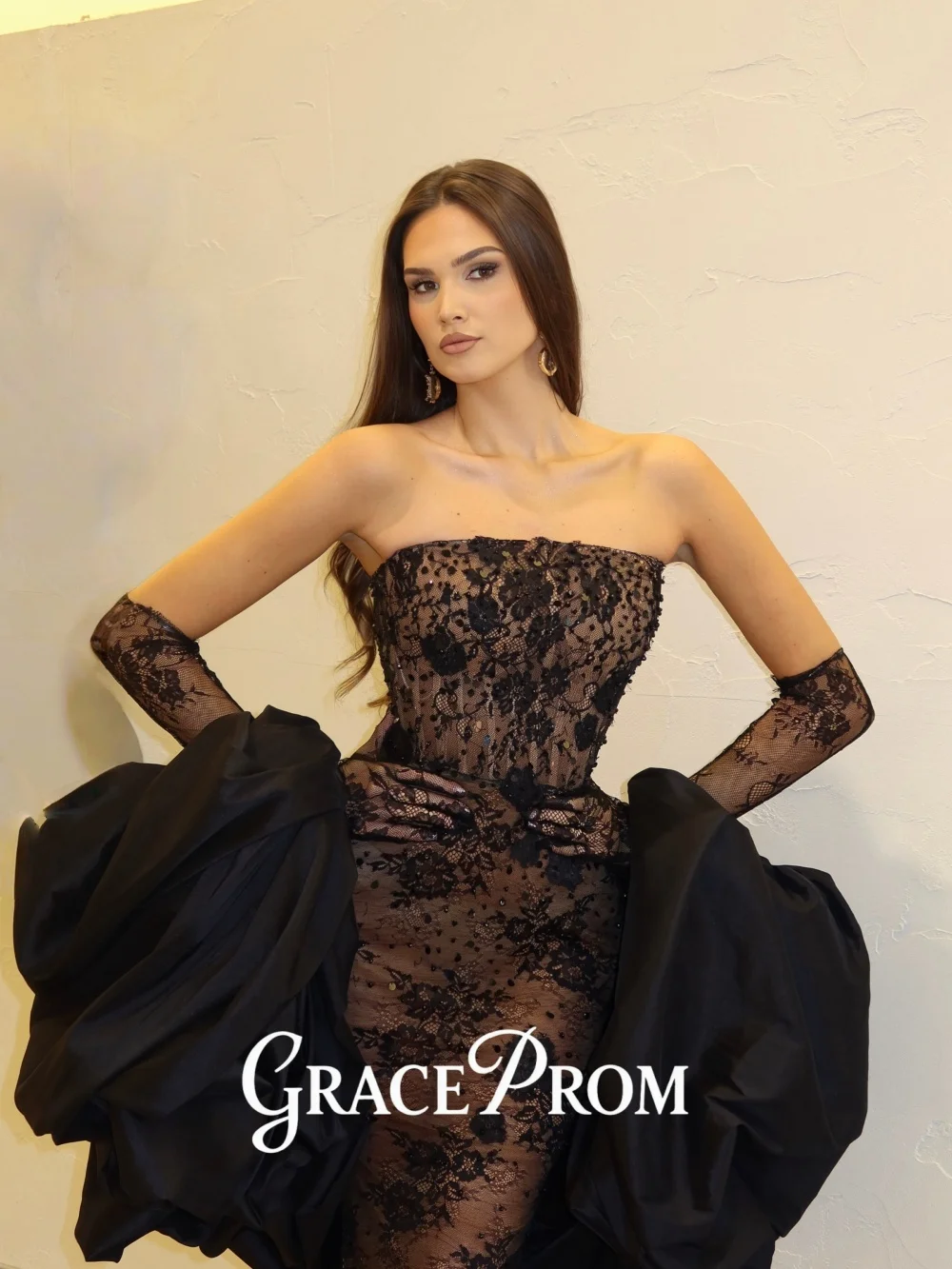 

GraceProm Strapless Lace Evening Dress 2026 Deluxe Sheer Red Carpet Gown Trendy Mermaid Floor-Length Party Gown Customized
