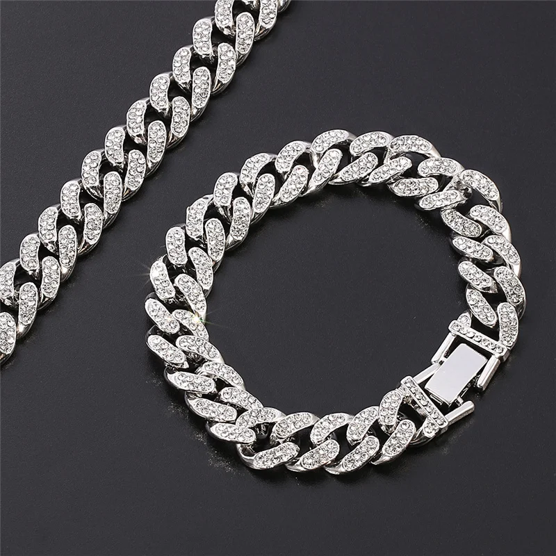 Hip Hop Rock Solid Silver Color Iced Out Chain Cuba Link Bracelets for Men Women Jewelry