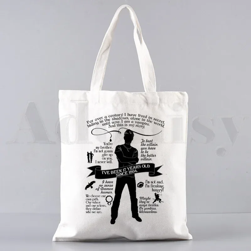 يوميات مصاص الدماء حقيبة كتف قماشية مطبوعة برسوم كارتونية جديدة للسيدات حقيبة هاراجوكو مضحكة ذات سعة كبيرة صديقة للبيئة #5