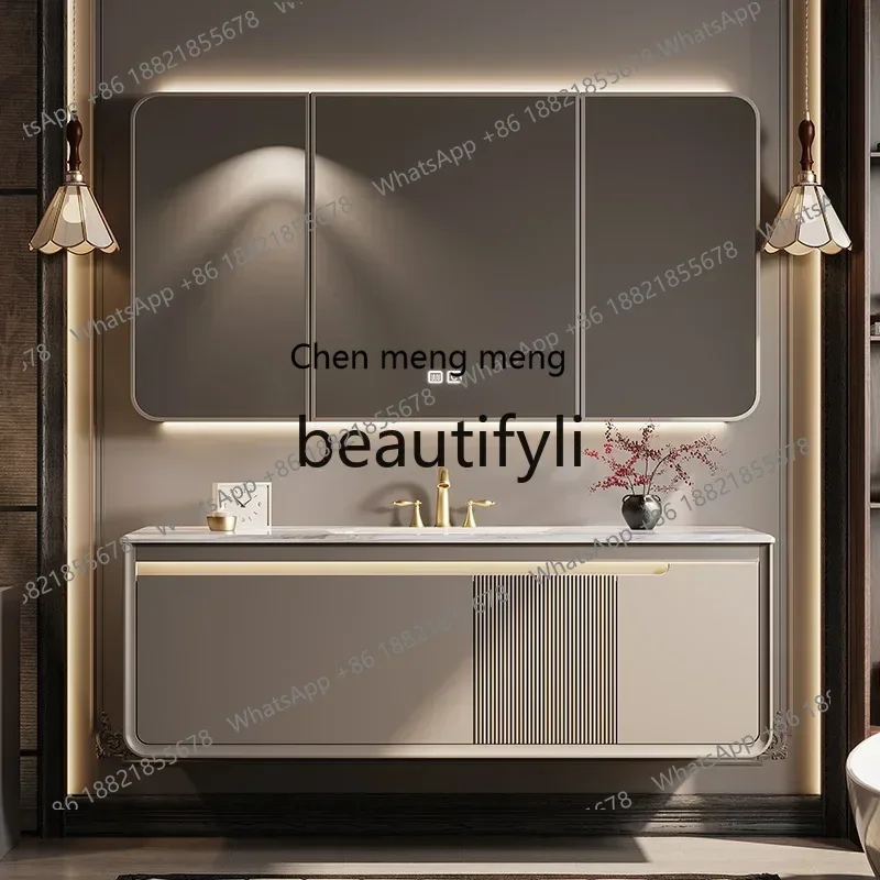 

ss8350 French retro luxury stone bathroom cabinet combination bathroom rock slab hot bending integrated basin face cabinet