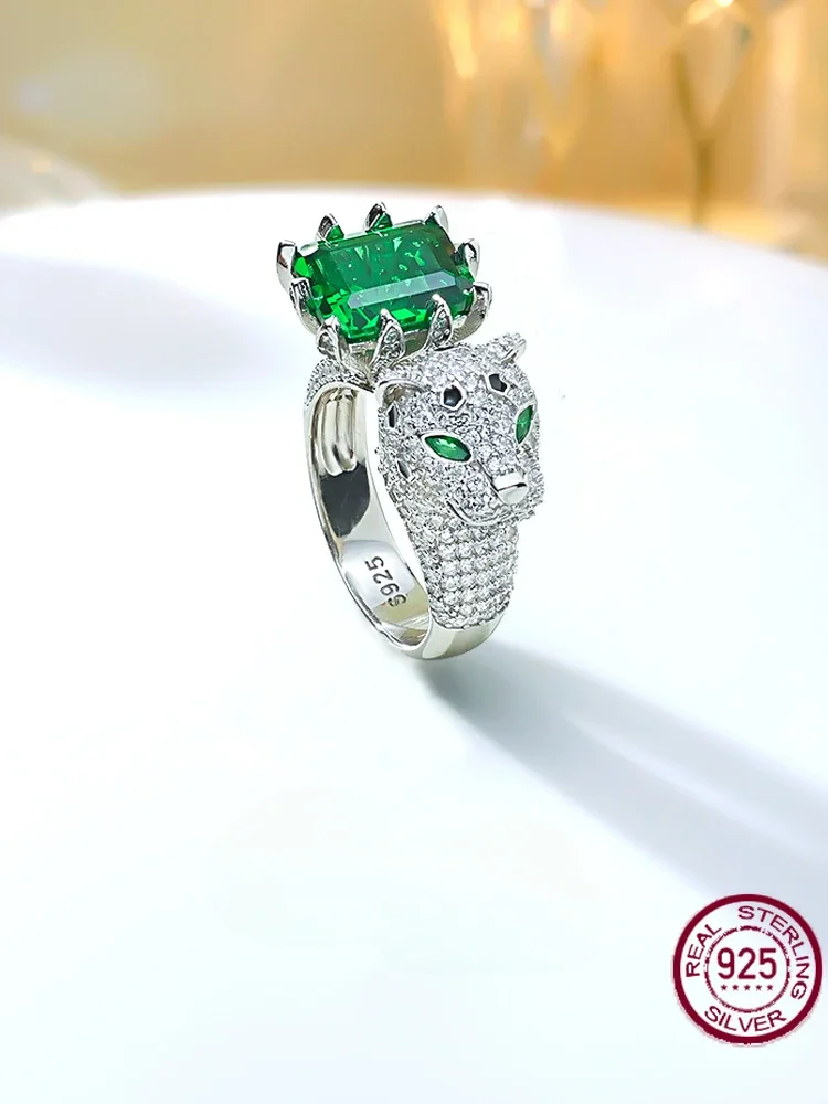 New Heavy Industry Artificial Emerald Leopard 925 Sterling Silver Ring Set with High Carbon Diamond Full Diamond Wedding Jewelry