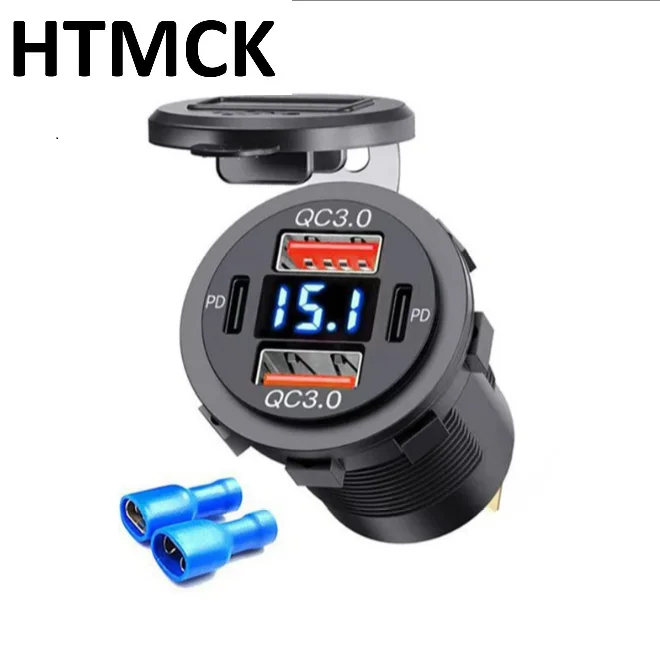 Автомобильное/мотоциклетное зарядное устройство 96W Dual PD QC3.0 USB с вольтметром, водонепроницаемый адаптер-розетка для автомобилей, лодок, грузовиков, мотоциклов 12В/24В