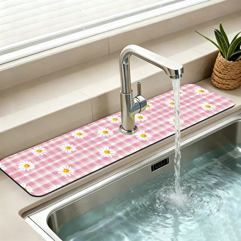 VIKAMA Fresh Pink Grid Daisy Printed Faucet Pad, Kitchen Absorbent Anti Slip Pad, Minimalist Faucet Pad, Home Decoration