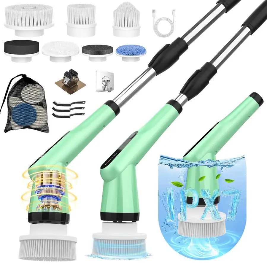 

Щетка-скруббер Spin Scrubber IPX7, водонепроницаемая, 10-в-1, для чистки душевых кабин, с выдвижной ручкой и 2 скоростями, для ванной, кухни, плитки.