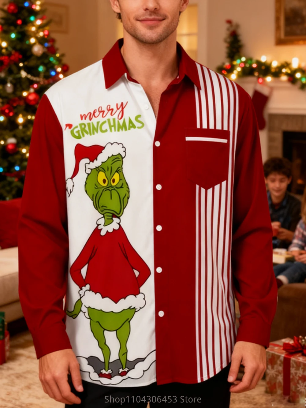 Men's Christmas New Year Cartoon Funny Santa Claus Red 3D Print Lined Holiday Party Shirt Men's Autumn and Winter New Casual Top