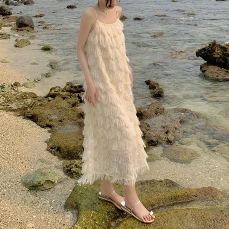 Bohemian Tank Dress Women's Loose-Fit French Riviera Vacation Beach Elegant Long Dress Summer 2024 New Style