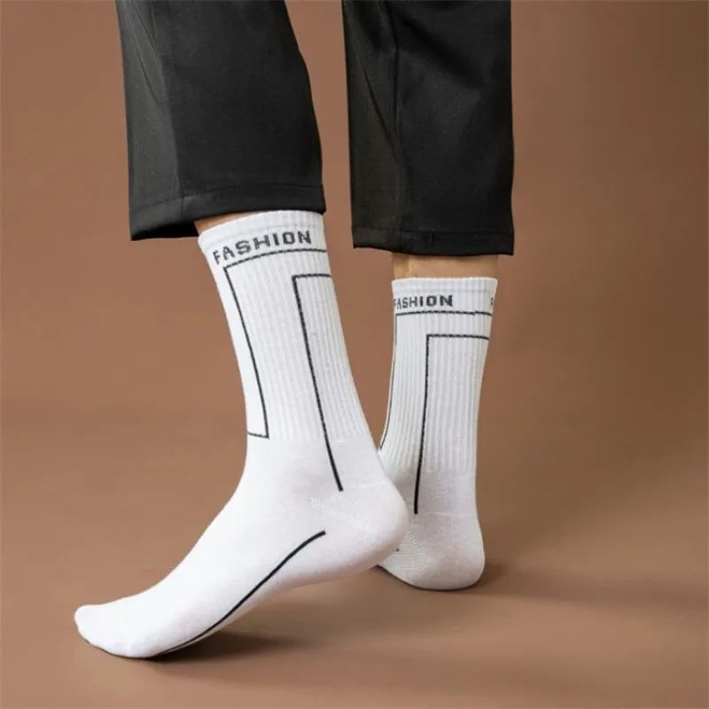 Calcetines largos de algodón con estampado para hombre, medias deportivas de talla uniforme, transpirables, color blanco