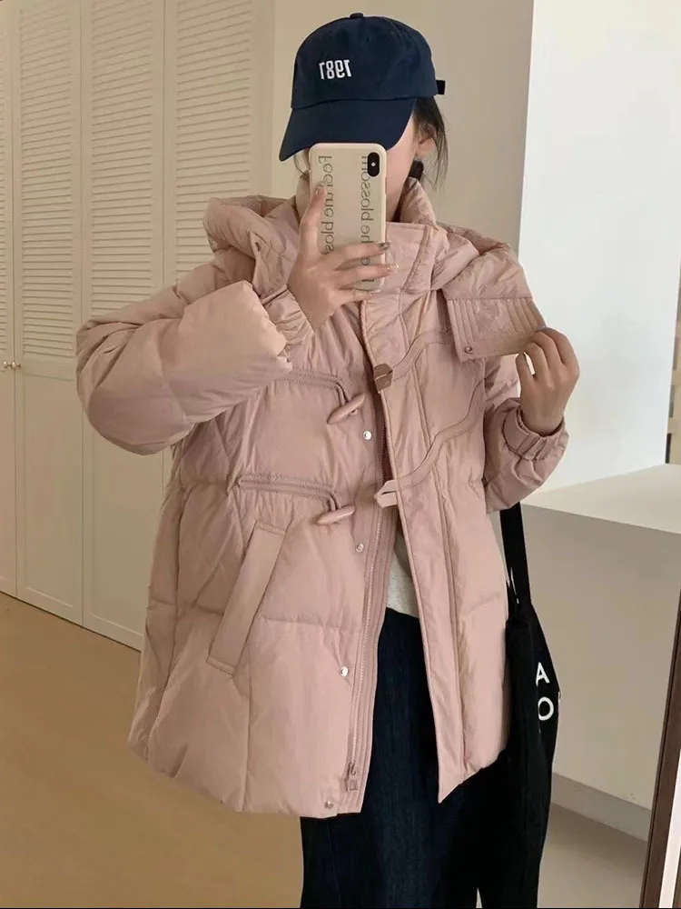 Casual Fashion Warm Horn Button Outwear Women Long Hooded Zipper Down Caot Female 2024 New Winter White Duck Down Jacket