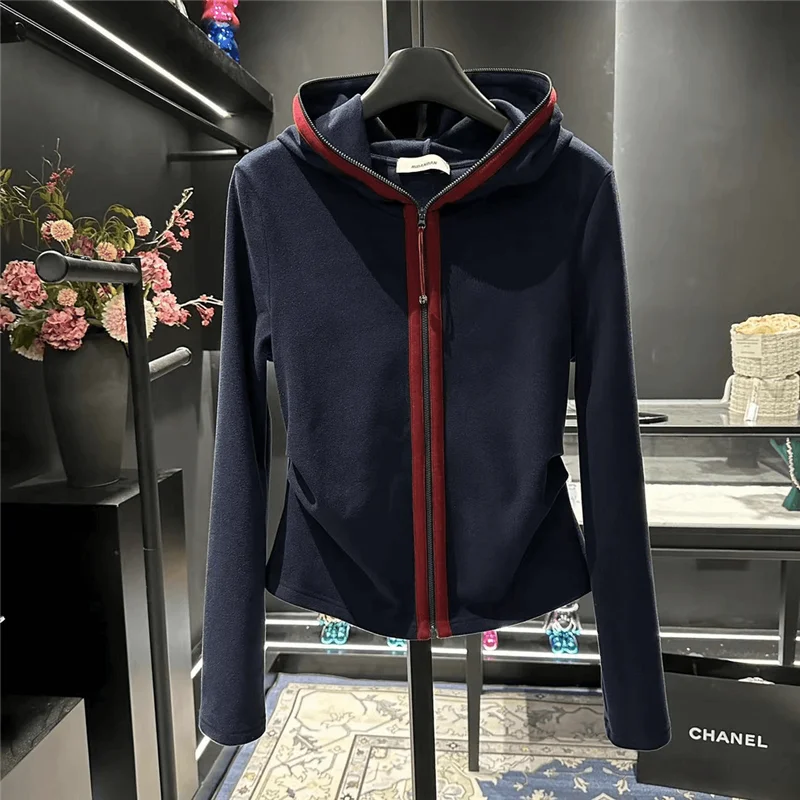 Design Hooded Short Coat Women Fashion Contrasting Zipper Jacket Autumn Winter Long Sleeve Slim Pleated Tops Streetwear Hoodies