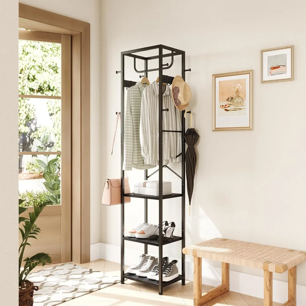 Coat rack, hall tree with 3 storage shelves and 12 hooks, industrial hanger rack organizer for bedrooms, hallways, offices