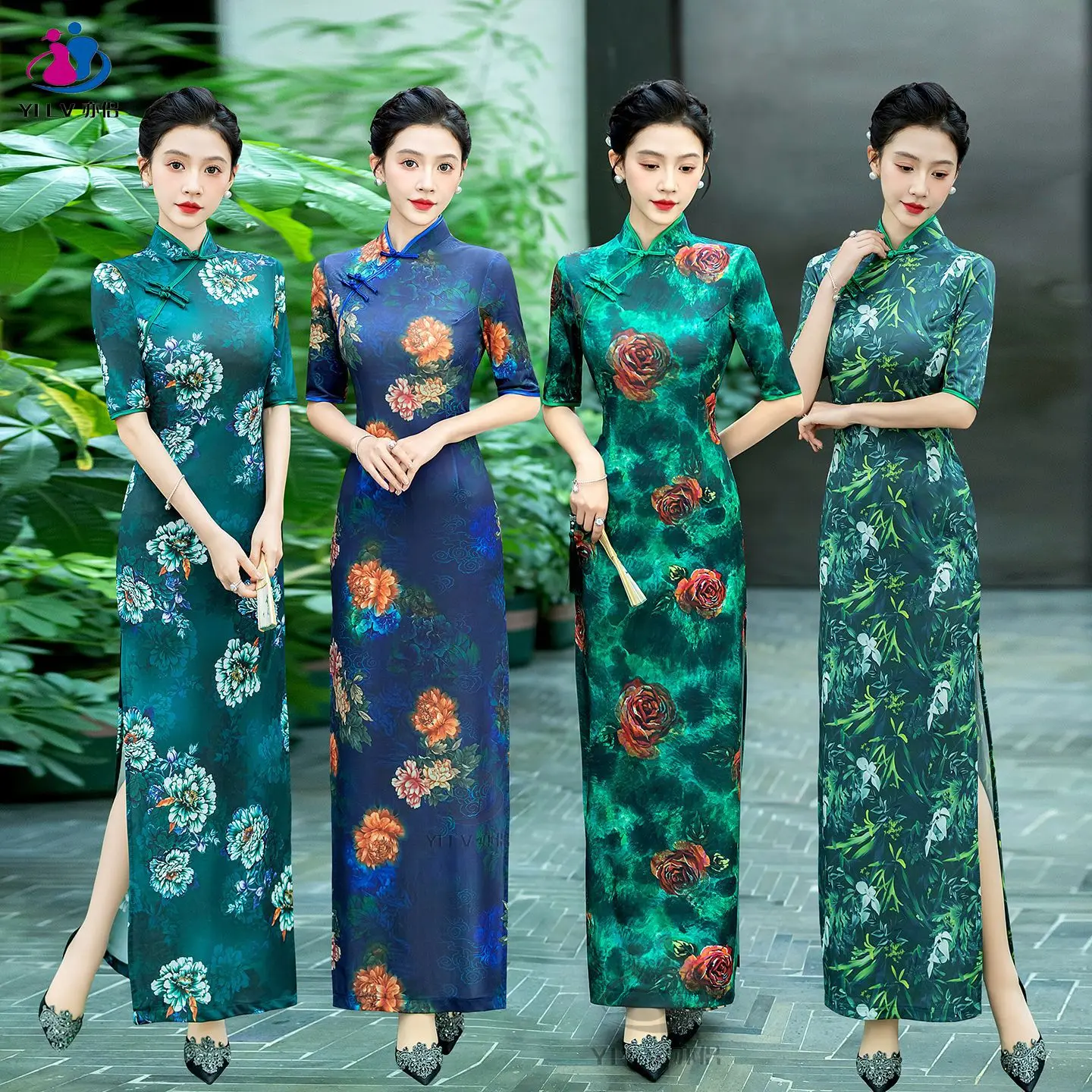 

Женское Cheongsam с зеленым цветком, сексуальное платье Ципао с высоким разрезом, тонкое длинное вечернее платье, китайское платье с коротким рукавом, атласное повседневное платье