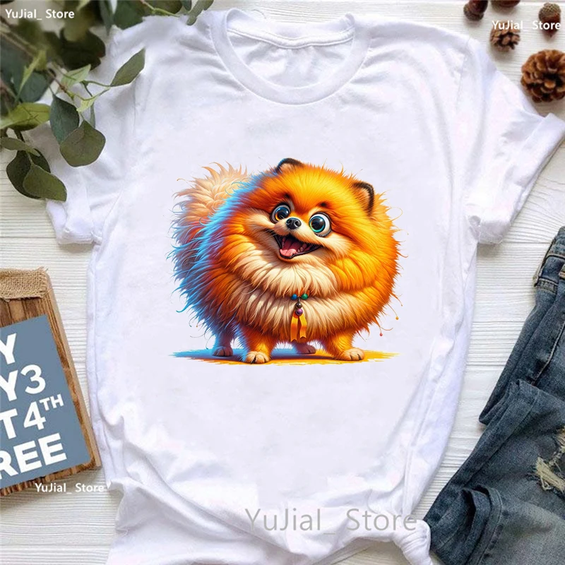 Pomeranian Animal Printed Tshirt Girls Harajuku Kawaii Clothes Summer Fashion Short Sleeve T-Shirt Female White T Shirt