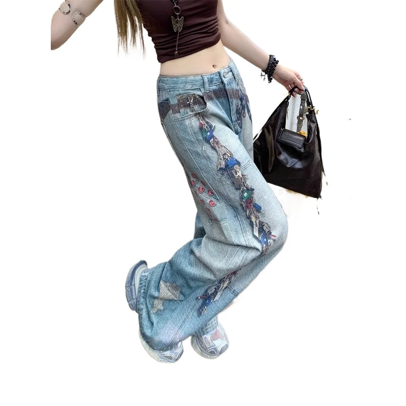 [ Guangzhou Xintang Denim ] American Retro Printed Wide-leg Jeans Women's Summer High-waisted Loose Straight-leg Pants Trousers