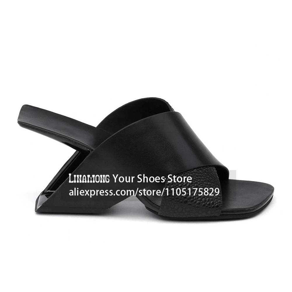 Black Crisscross Wide Strap Slippers Sculptural Asymmetrical Heel Slide Sandals Novelty Designer Summer Shoes for Women Custom