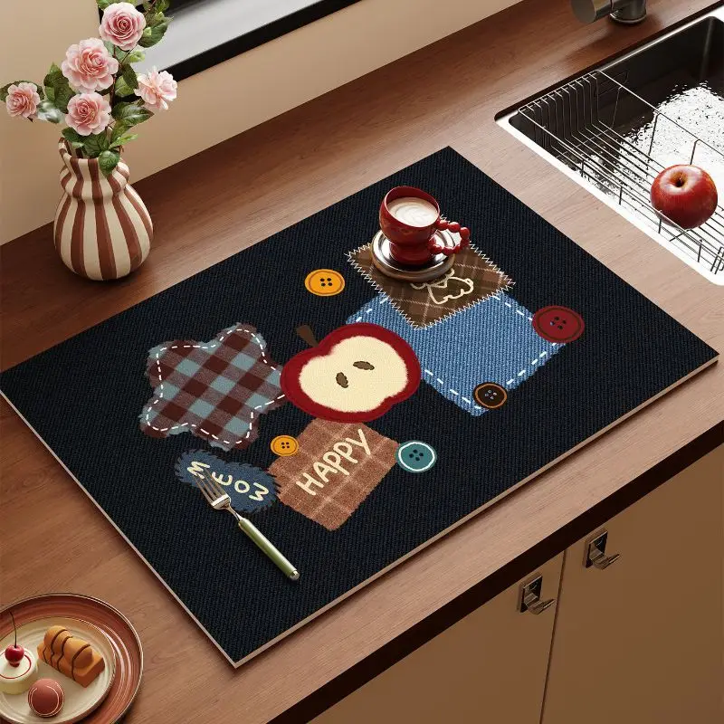 Denim, Apple Button, Kitchen Drain Pad, Non slip Coffee Machine Tableware, Kitchen countertop protection pad