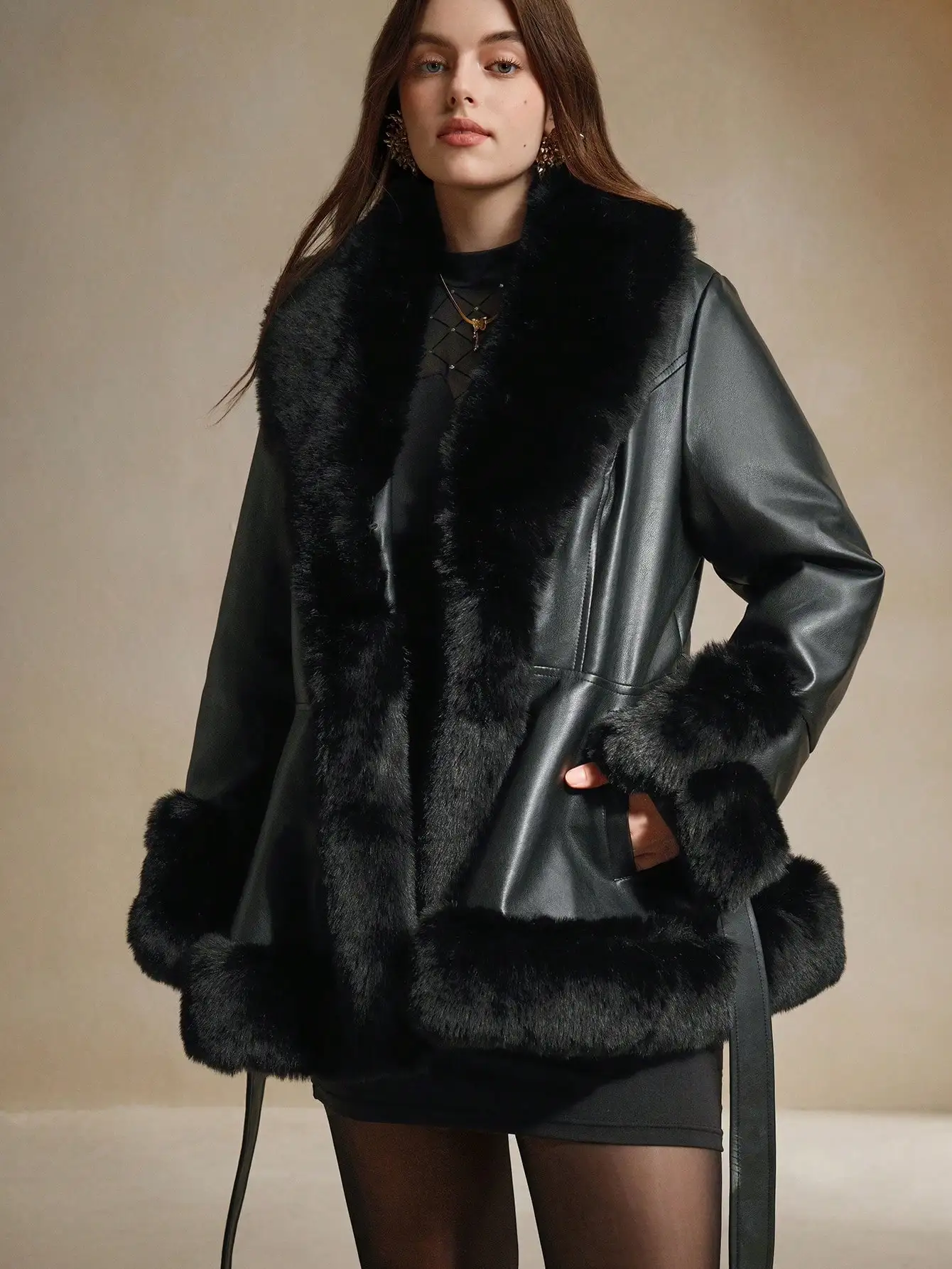

Luxury Faux Fur Trim Leather Jacket for Women, Winter Fall Style, Plus Size