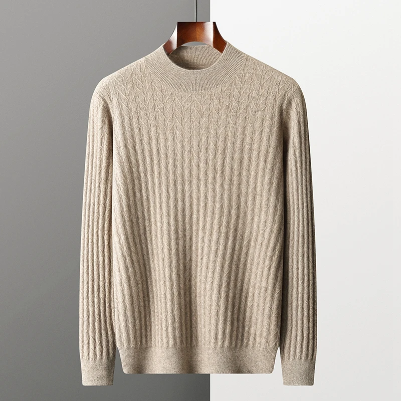 Autumn Winter New 100% Cashmere Sweater Men\'s Half High Neck Pullover Top Slim Fit Long Sleeve Warm Knitted Herringbone Sweater