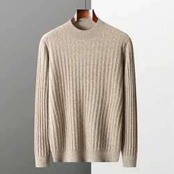 Autumn Winter New 100% Cashmere Sweater Men's Half High Neck Pullover Top Slim Fit Long Sleeve Warm Knitted Herringbone Sweater