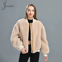 Jxwatcher Women‘s Winter Coats High Quality Real Sheep Shearing Baseball Bomber Jacket Fashion Vitality Girls Overcoat 2022 New