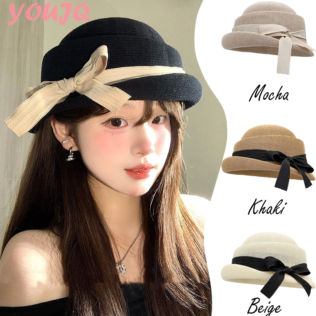 French Elegant Bowknot Bow Topper Hats for Women Summer Knitted Thin Hepburn Style Formal Dome Fedora Travel Caps Sombreros