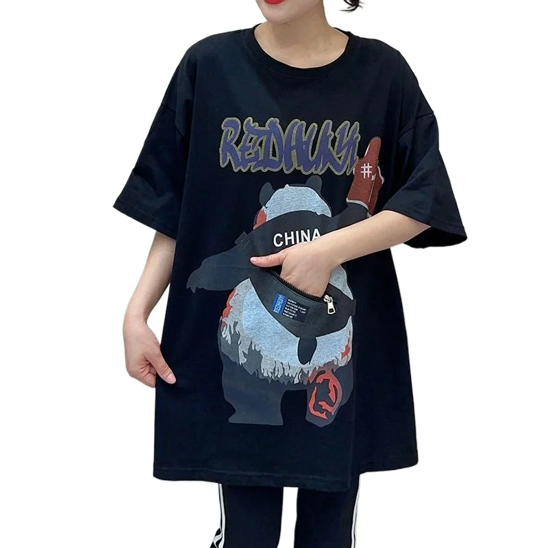 100 Cotton Korean Style Tops Lady Clothing Y2k Tees Summer New Cartoon Bear Panda Zipper Pocket Split Loose T-shirt Women