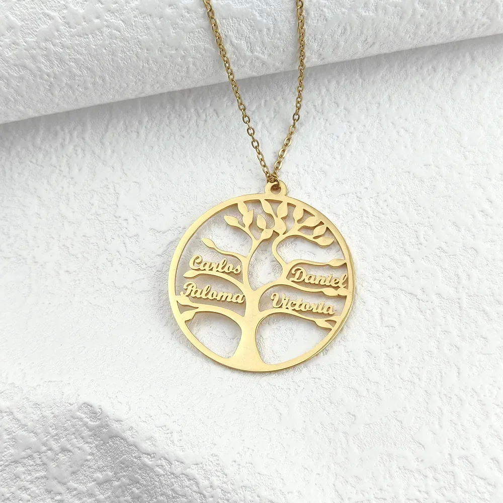 Mini-World Women's Tree of Life Necklace Custom 1-9 Names Stainless Steel Family Tree Pendant Necklace Family Nameplate Jewelry