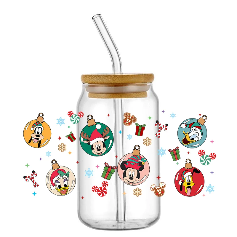 MINISO Xmas Friends Cartoon Collection UV DTF Cup Wraps Minnie 3D Waterproof Transfer Stickers for 16oz Libby Can Mugs