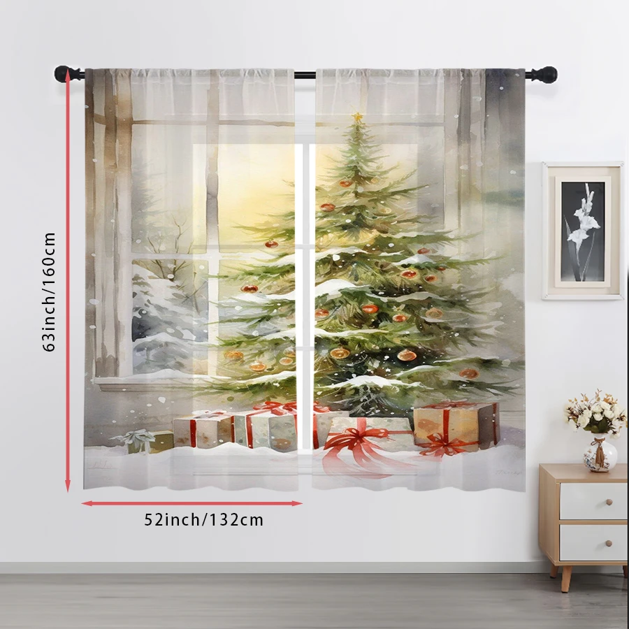 2PCS Watercolor Xmas Tree Sheer Curtains, Gift Box Snow Scene Print, Rod Pocket Window Drapes for Christmas Holiday Decor