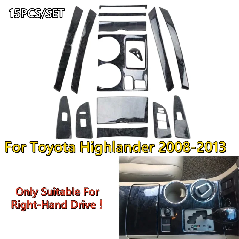 

15Pcs RHD Wood Black Console Shift Panel Trim Cover For Toyota Highlander 08-13