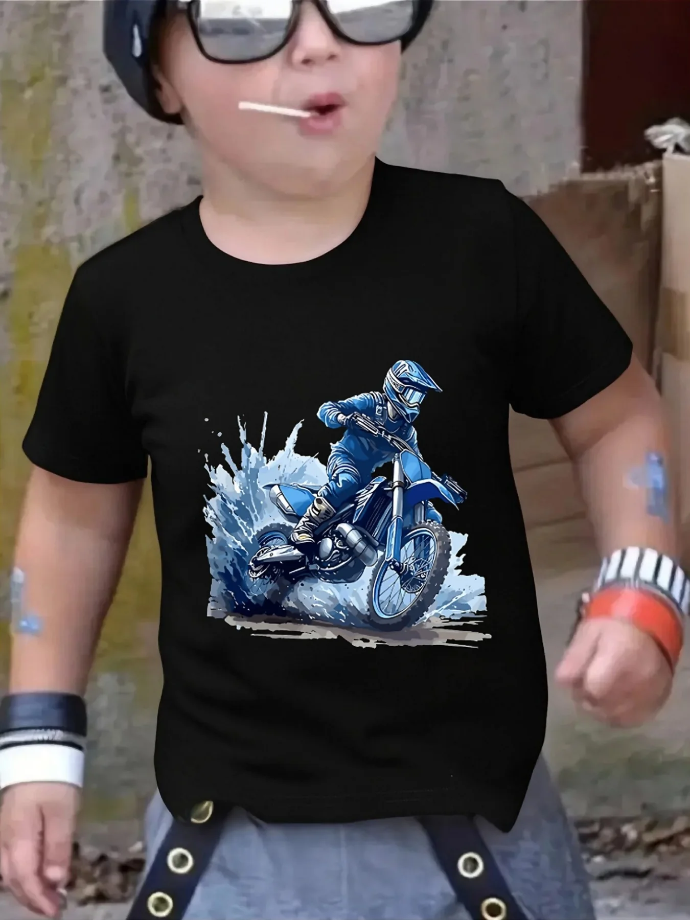 Cute Dirt Bike Motocross Rider Splash Print Family Matching T Shirt Boys Girls Short Sleeve Parent Child Soft Cotton Casual Tops