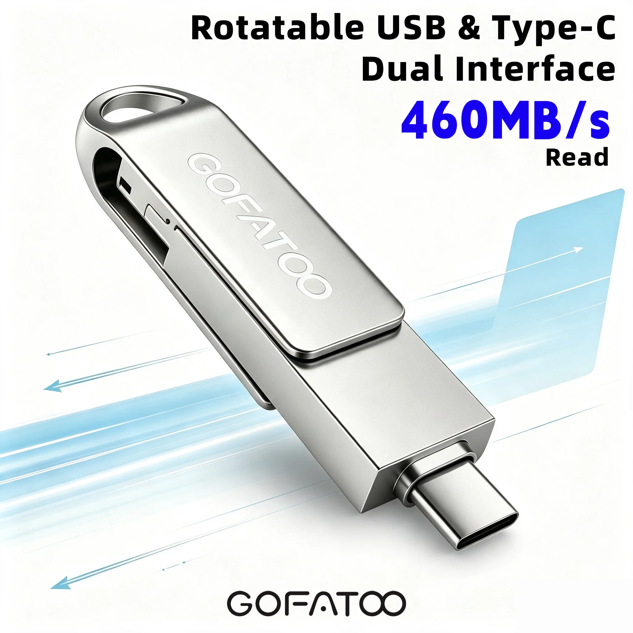 GOFATOO Rotatable 2-in-1 Type-C USB3.2 460MB/s OTG Flash Drive for iPhone15/16/17 Android Phone PC Laptop 64GB 128GB 256GB 512G