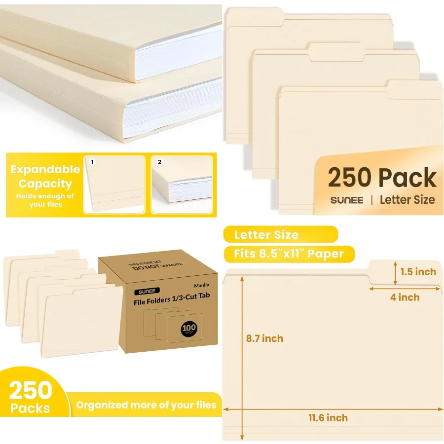 

Папки SUNEE Manilla, размер букв 8,5 x 11 дюймов, 250 в коробке, 1/3-разрезанная вкладка для легкой маркировки и организации, прочный стандарт P