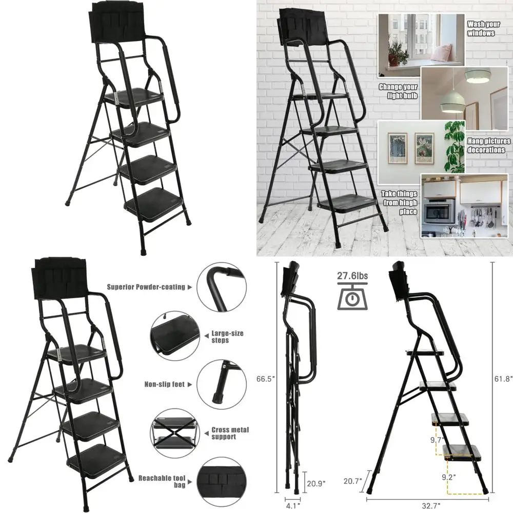 

Folding Portable 500 lb Capacity Ladder with Handrails, Steel Frame, Non-Slip Steps for Home Kitchen Use