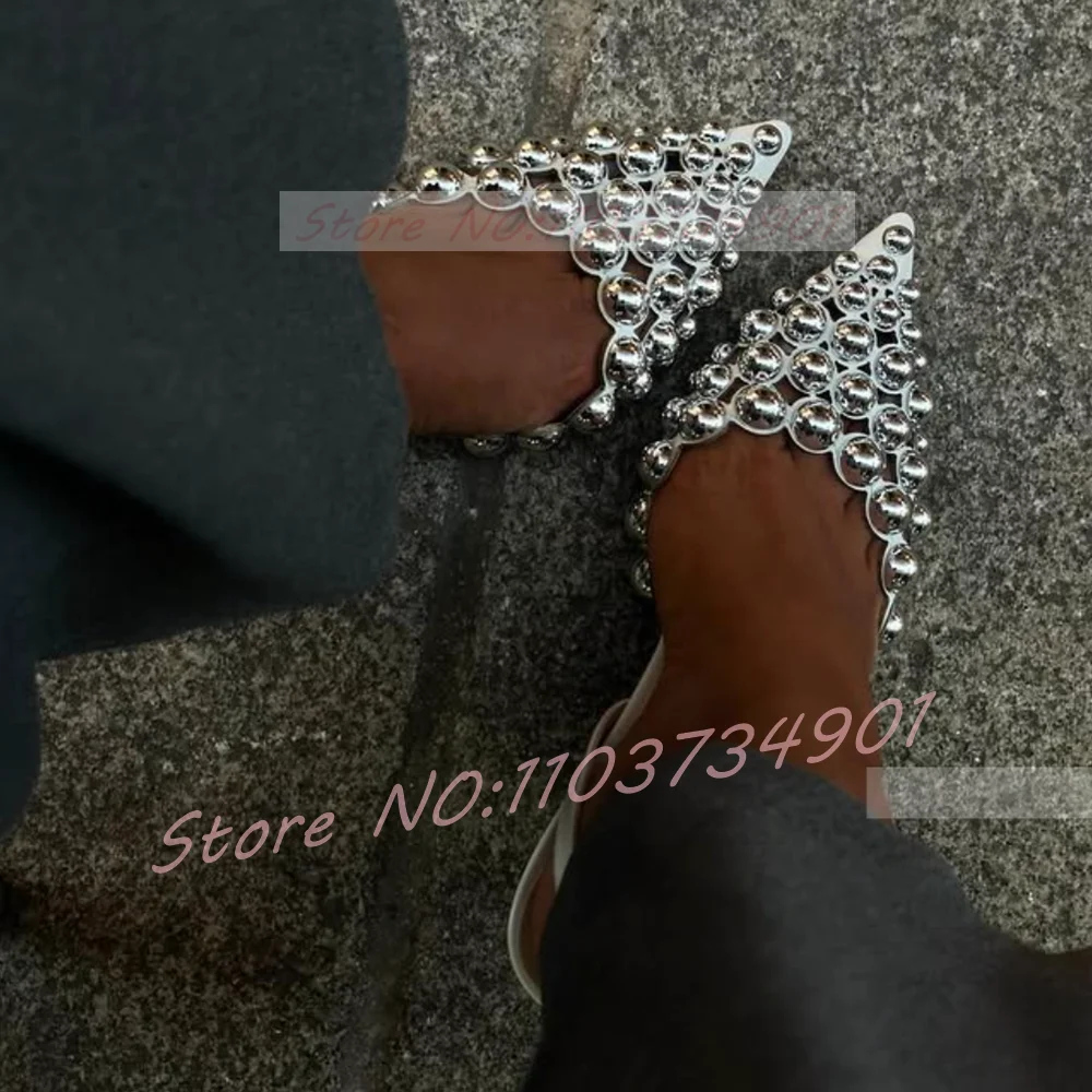 Sling Back Dome Sandals Women Luxury Pointed Toe Rivets High Heels Metallic Leather Shoes Ladies Party Sexy Sandals