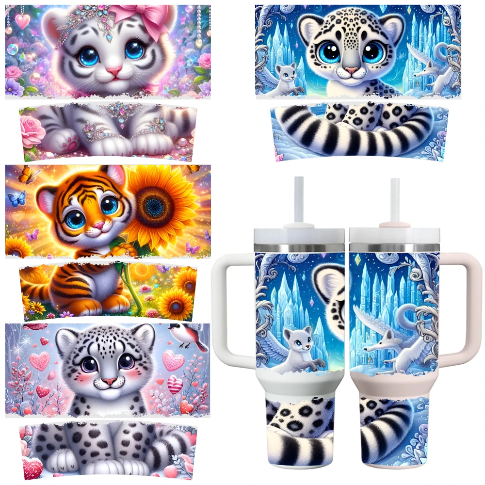 4 Sheets Cute Cat Leopard Tiger Snowflake Heart Flower Sunflower Ice Crystal UV DTF Stickers for 40oz Tumblers Vinyl Decal Set