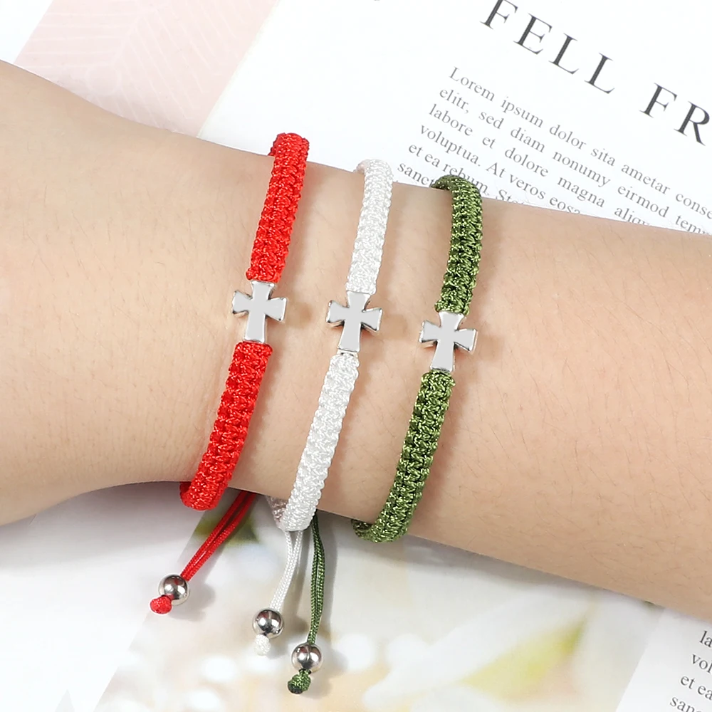 Silver Color Cross Braided Bracelet Metal Crucifix Adjustable Handmade Bracelets & Bangles Fashion Charm Men Women Jewelry Gifts