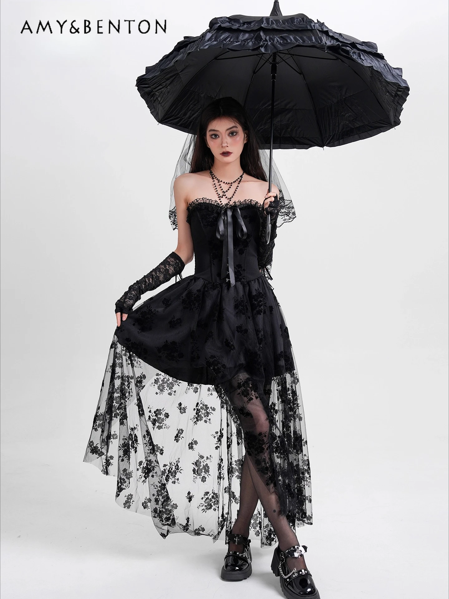 

Summer New Women's Black Sexy Off-Shoulder Strapless Tie Bow Waist-Cinching Jacquard Mesh See-Through Mid-Length Dress