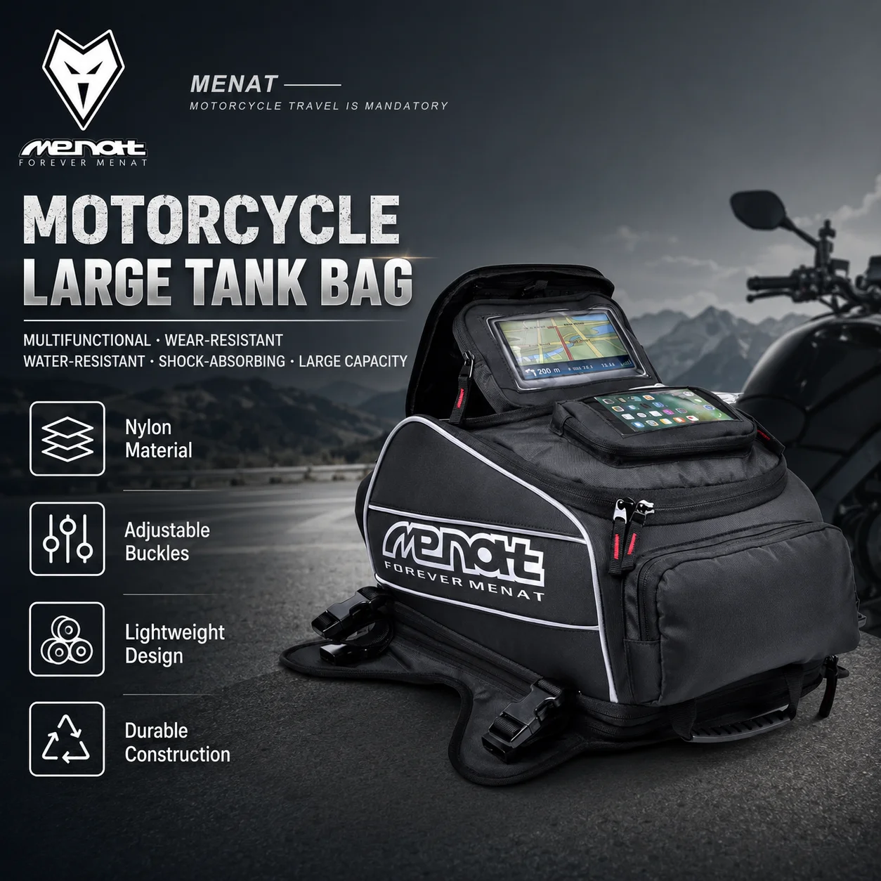 Menat Motorcycle Tank Bag Large Capacity Water Resistant Magnetic Moto Storage Bag with Phone GPS Holder for Touring
