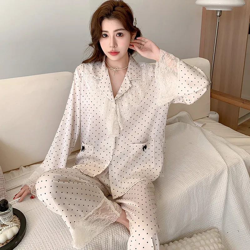 

Polka Dot Satin Pajama Set Casual Long Sleeve Lapel Collar Lace Applique Top & Pants Women's Sleepwear