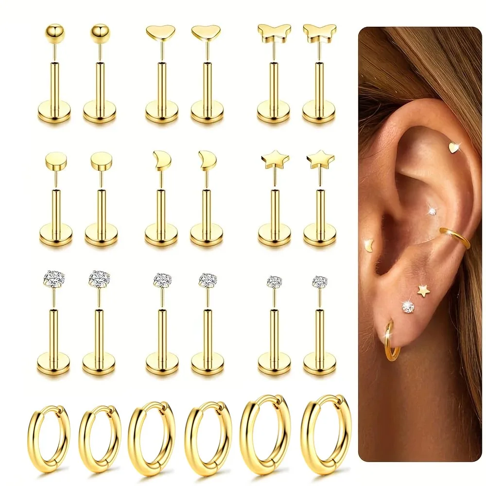

12 пар хирургической стали CZ без резьбы с плоской задней частью серьги-гвоздики элегантный обруч для носа хрящ козелка спираль раковина ювелирные изделия для пирсинга губ