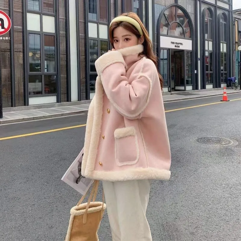 Women's Loose Suede Motorcycle Jacket Winter New Style Korean System Fur Integrated Outerwear Trendy Anti-Wrinkle Ladies Coat