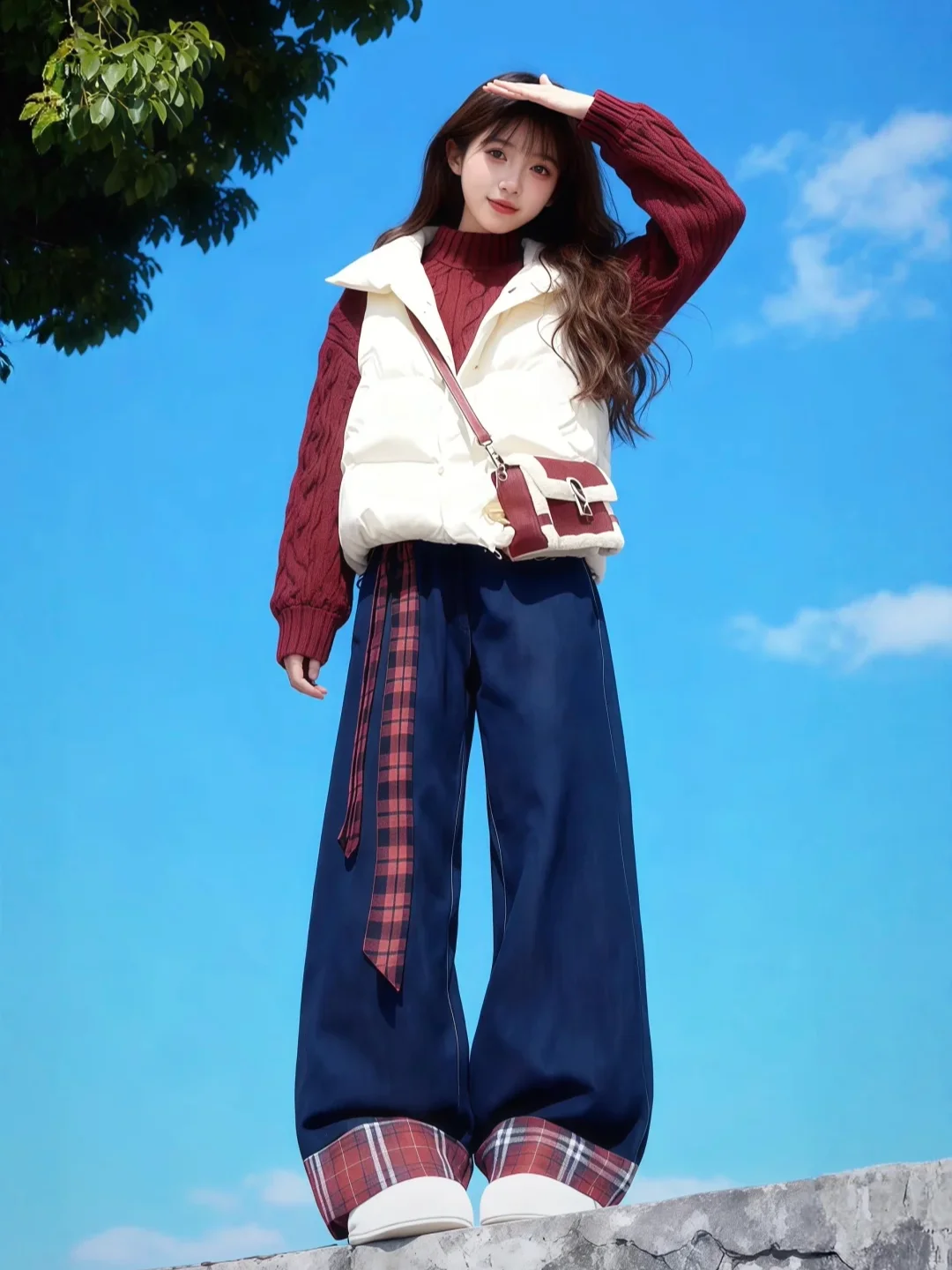 

Cisas New Year Red Knitted Sweater Vest Jeans Tee Piece Set Women's Winter Faion Casual Wear Agel Cotton Jaet