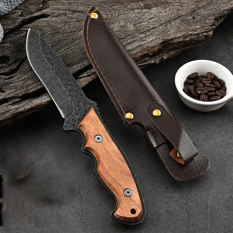 Outdoor Straight Knife, Wooden Handle, Stainless Steel Blade, Travel Camping Cutting Tool with Knife Cover