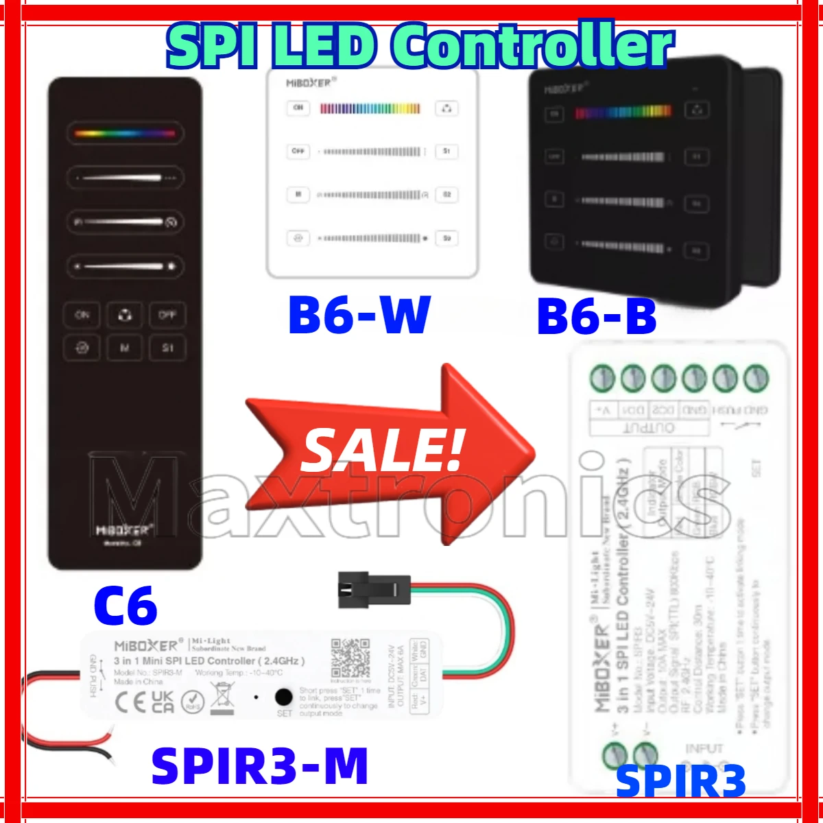 

MiBoxer 3in1 SPI LED Controller SPIR3 SPIR3-M C6 B6 Single Color+RGB+RGBW DC5/12/24V for WS2812 Pixels Strip with RF SPI Remote