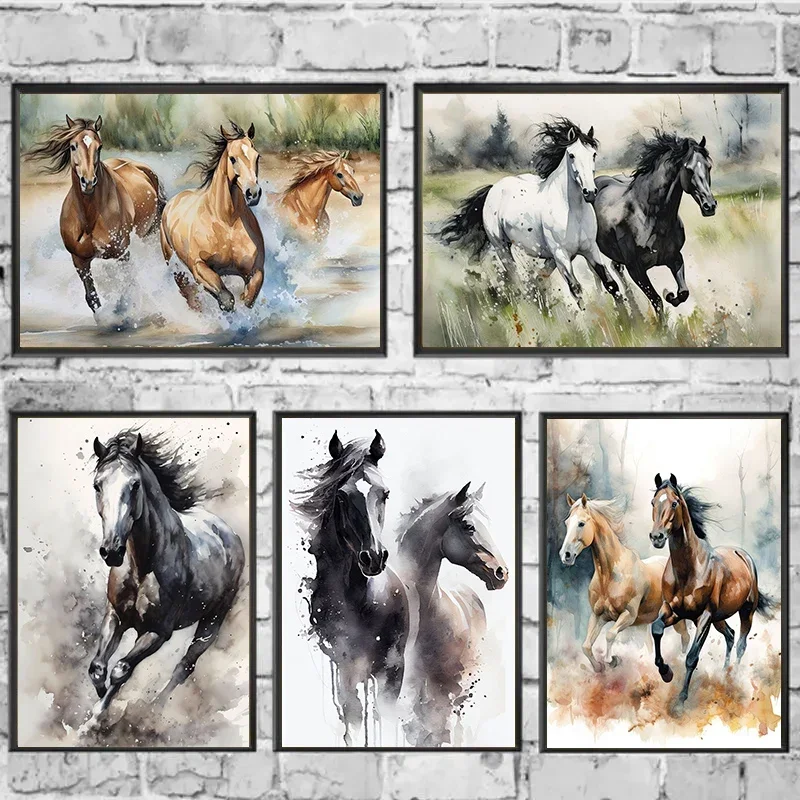 1pc frameless Canvas Painting Classic Vintage, Wall Art, Handsome Watercolour Animal Horse, Canvas Print Poster, Home Living Roo